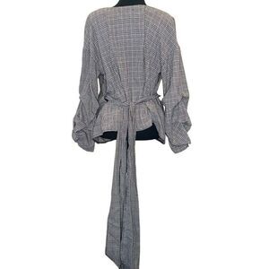 Settledown Houndstooth Plaid Long Sleeve Wrap Blouse Black White Large